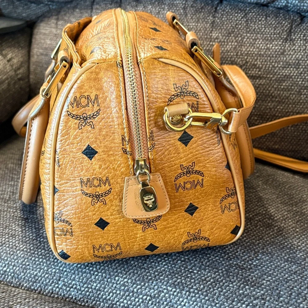 MCM Cognac Visetos Boston Bag with Strap